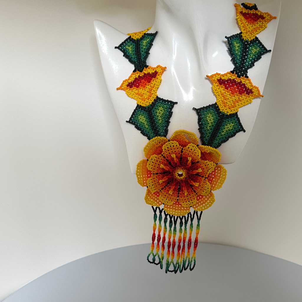 Handcrafted Floral Beaded Necklace - Yellow And Green